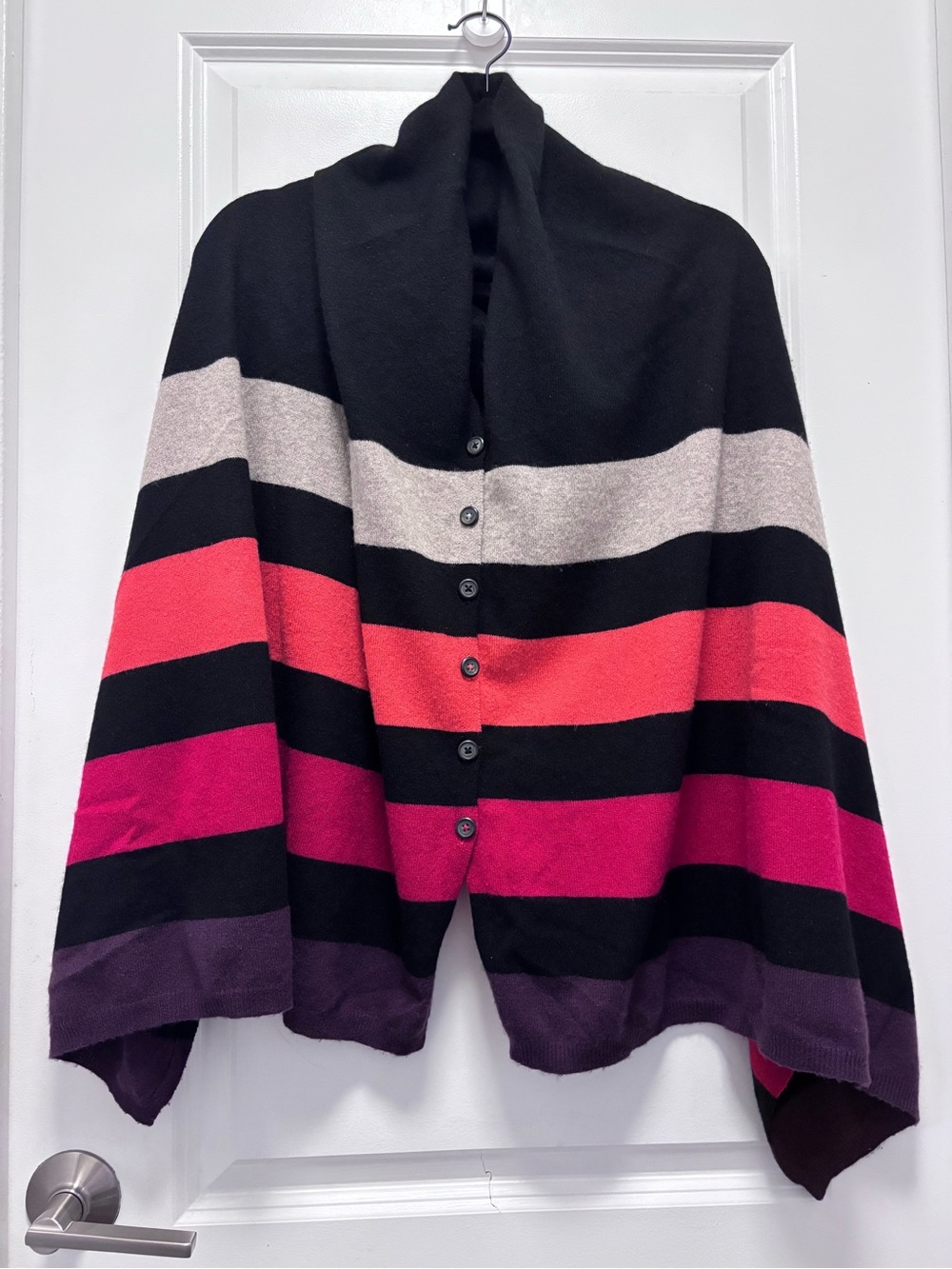 360 Cashmere Striped Button-Front Poncho in Black, Cream, Orange, Red and Purple